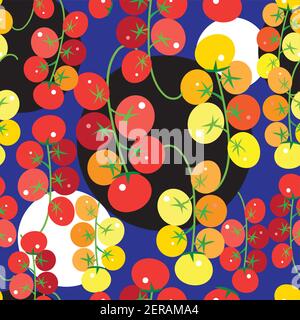 Nahtloses helles Muster mit Tomaten und Gemüse auf blauem Hintergrund. Beispiel für das Design Tomaten für die Werbung Stock Vektor