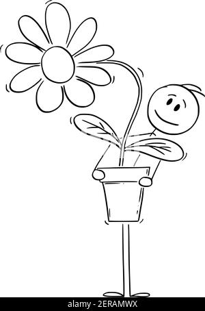 Mann oder Liebhaber, der große Pflanze oder Blume im Topf oder Blumentopf hält. Vektor Cartoon Stick Figur oder Figur Illustration. Stock Vektor