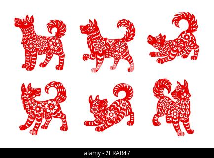 Chinesische Tierkreis Hund Tier Vektor-Symbole gesetzt. Canine Lunar New year of China symbolische, rot verzierten, astrologischen Horoskop Zeichen isoliert auf weißem Hintergrund Stock Vektor