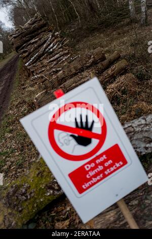 Forstwirtschaft Kommission Gesundheit und Sicherheit Zeichen 'Keep off Log Stacks". Stockfoto