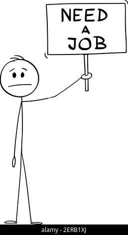 Geschäftsmann, Mann oder arbeitsloser Arbeitnehmer Holding brauchen ein Jobschild. Arbeits- und Arbeitskonzept. Vektor Cartoon Stick Figur oder Figur Illustration. Stock Vektor