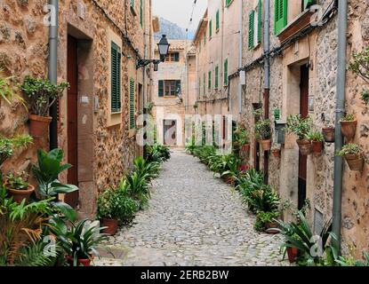 Malerische Schmale Gasse Mit Gemütlichen Hütten Und Grünen Topfpflanzen In Valldemossa Auf Der Baleareninsel Mallorca Bei Einem Bewölkten Winter Tag Stockfoto