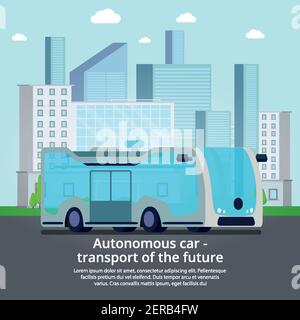 Autonome fahrerlose Transportfahrzeuge der Zukunft flaches Werbeplakat mit Unbemannter Bus auf Stadt Straße Vektor Illustration Stock Vektor