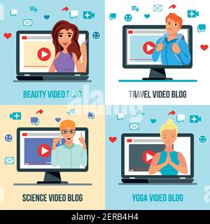 Video-Blogger Zeichen 4 flache Icons quadratisches Konzept mit Reisen Schönheit Mode Wissenschaft Yoga Themen Vektor Illustration Stock Vektor