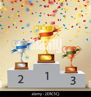 Realistische Sockel mit Trophäen, Metall-Becher mit Farbbändern Zusammensetzung auf hellem Hintergrund mit Konfetti-Vektor-Illustration Stock Vektor