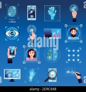 Identifikationstechnologien Symbole Symbole mit Touchscreen-Fingerabdruckerkennung id-Systeme isoliert blau Hintergrund Vektor-Illustration Stock Vektor