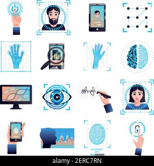 Identifikationstechnologien Symbole Kollektion mit unverkennbarer Augen Iris Gesichtserkennung Biometrische Systeme isoliert weißen Hintergrund Vektor illustrat Stock Vektor