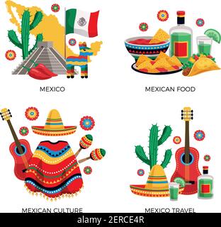 Mexikanische Kultur Traditionen Essen 4 bunte Ikonen Konzept mit Kaktus Gitarre Poncho Tequila Tacos isoliert Vektor Illustration Stock Vektor