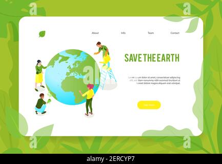 Isometrische Ökologie Verschmutzung Konzept Banner Web-Seite Design mit Erde Globe menschliche Charaktere und klickbare Links Vektor Illustration Stock Vektor