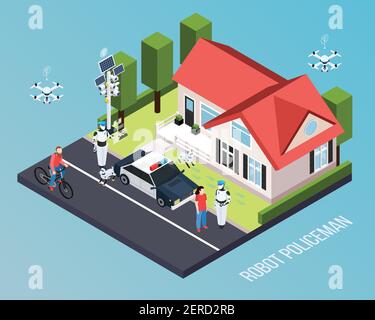 Roboter isometrische Berufe Zusammensetzung mit Stück Erde und Roboter Beschreibung Polizist Vektor Illustration Stock Vektor
