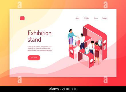 Isometrische expo Konzept Banner Website-Design mit Bildern von Ausstellung Racks Menschen und klickbare Links Vektor Illustration Stock Vektor