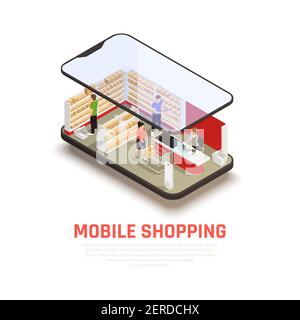 Mobiles Shopping-Konzept mit eCommerce-Symbolen isometrische Vektor-Illustration Stock Vektor