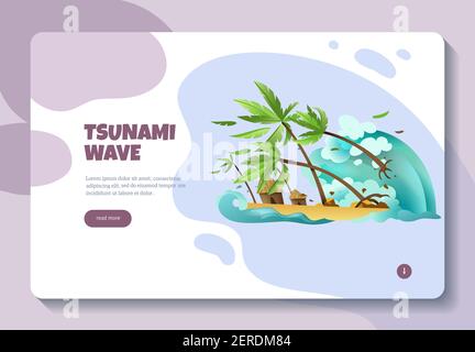 Naturkatastrophen Online-Informationen Konzept Banner Web-Seite Design mit Tsunami-Welle mehr erfahren Schaltflächenvektor Illustration Stock Vektor