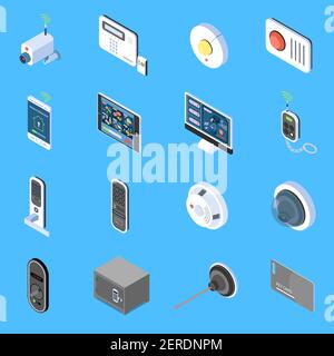 Isometrische Symbole für die Heimüberwachung mit Elementen der Videoüberwachung Isolierte Vektorgrafik für Brandalarm und Codeschlösser des Systems Stock Vektor