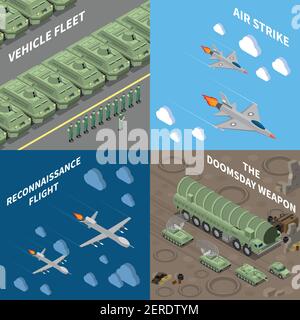 Militärfahrzeuge 2x2 Design-Konzept Satz von Fuhrpark Aufklärung Flug Luftangriff Weltuntergang Waffe quadratische Symbole isometrische Vektor Illustration Stock Vektor