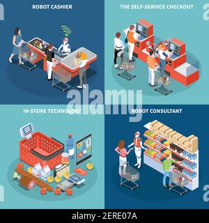 Shop-Technologie 2x2 Design-Konzept mit Roboter Berater Roboter Kassierer Self-Service-Kasse quadratische Symbole isometrische Vektordarstellung Stock Vektor