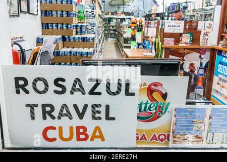 Miami Beach Florida, North Beach, lokales Reisebüro Kubas Schaufensterschild Werbung, Besucher reisen reisen Reise touristischer Tourismus Wahrzeichen landmar Stockfoto