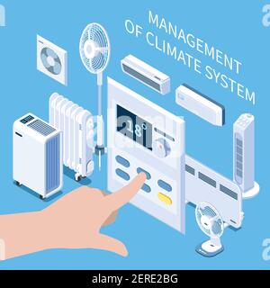 Management der isometrischen Zusammensetzung des Klimasystems mit Einstellung der menschlichen Hand Temperaturmodus auf dem Bedienfeld für Vektordarstellung der Klimaanlage Stock Vektor