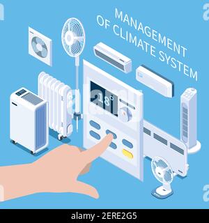 Management der isometrischen Zusammensetzung des Klimasystems mit Einstellung der menschlichen Hand Temperaturmodus auf dem Bedienfeld für Vektordarstellung der Klimaanlage Stock Vektor