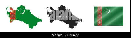 Turkmenistan. Karte mit maskierter Flagge. Detailreiche Silhouette. Winkende Flagge. Vektorgrafik isoliert auf Weiß. Stock Vektor