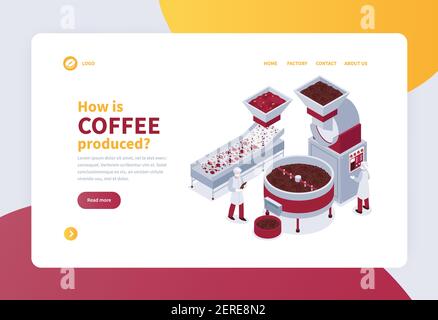 Isometrisches Konzept Banner mit Kaffee Produktionsprozess 3D Vektor-Illustration Stock Vektor