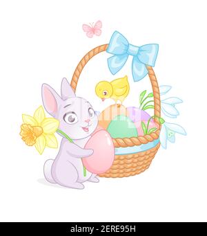 Süße Osterhase und Küken mit Korb voller Eier und Blumen. Cartoon Vektorgrafik auf weißem Hintergrund. Stock Vektor