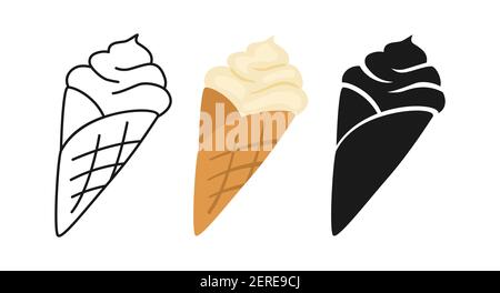 Vanilla Ice Cream Horn Cartoon-Set, Linie Symbol und schwarze Glyphe Stil. Kawaii Bright Sommer Kollektion süß Fast Food. Comic handgezeichnete Skizze niedlich Kegel Eis. Isolierte Dessert Vektor-Illustration Stock Vektor