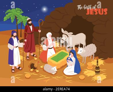 Isometrische bibel Erzählungen weihnachten Krippe Konzept Banner Komposition mit Outdoor Komposition und menschliche Charaktere mit Sheeps Vektor Illustration Stock Vektor