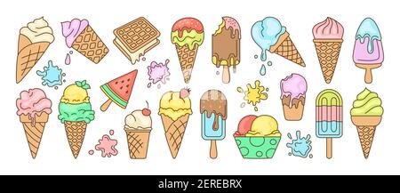 Eiscreme-Set mit heller Linie. Schokolade, Vanille Doodle Eis Kegel Obst, Minze, Beere. Kawaii Icon Sommerkollektion süßes Essen und Splash. Wassermelone auf Stock. Isolierte Dessert Vektor-Illustration Stock Vektor