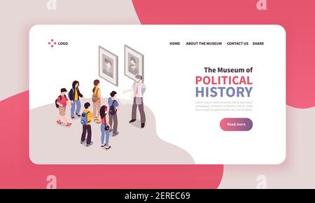 Isometrisches Guide Exkursion Landing Page Design mit anklickbaren Text Links Und Ansicht der Museumsexkursion Gruppe Vektor Illustration Stock Vektor