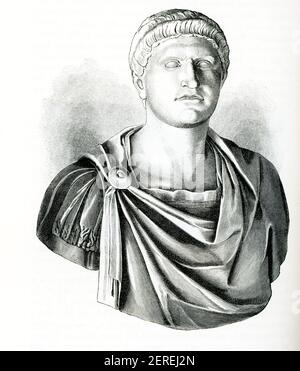 Diese Abbildung von 1880s zeigt den römischen Kaiser Otho – seine Büste im Museum des Kapitols in Rom im Kaisersaal. Otho war drei Monate lang römischer Kaiser, vom 15. Januar bis zum 16. April 69. Er war der zweite Kaiser des Jahres der vier Kaiser. Stockfoto