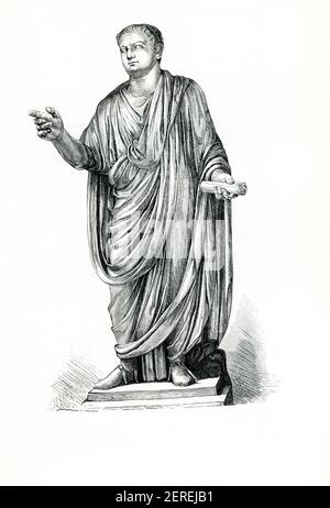 Diese Abbildung aus dem Jahr 1880s zeigt die Statue des Titus im Vatikan Braccio Novo Nr. 26. Es wurde in der Nähe der Kirche St. John Lateran im Jahr 1828 gefunden. Titus war römischer Kaiser von 79 bis 81. Ein Mitglied der Flavian Dynastie, Titus folgte seinem Vater Vespasian nach seinem Tod. Bevor Titus Kaiser wurde, erlangte er einen Ruf als Militärkommandant, der während des ersten jüdisch-römischen Krieges unter seinem Vater in Judäa diente. Stockfoto