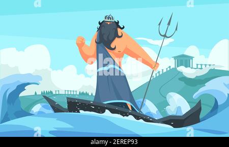 Griechenland antike Götter flachen Cartoon-Streifen mit poseidon zwischen Wellen Markantes Meer mit seiner Dreizack-Vektor-Illustration Stock Vektor