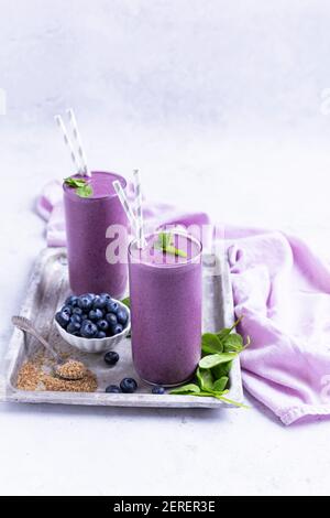 Zwei gesunde Heidelbeer-Smoothies auf einem Tablett gegen ein Licht Hintergrund Stockfoto