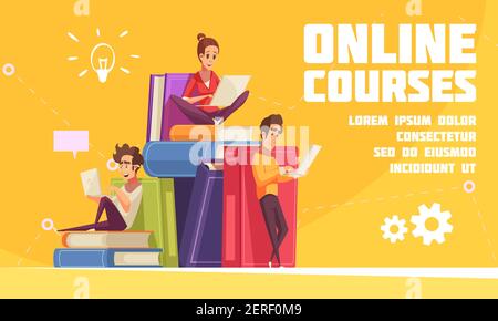 Online-Kurse Cartoon Werbung Webseite mit Studenten sitzen auf Bücher Haufen mit Laptops Notebooks Vektor-Illustration Stock Vektor