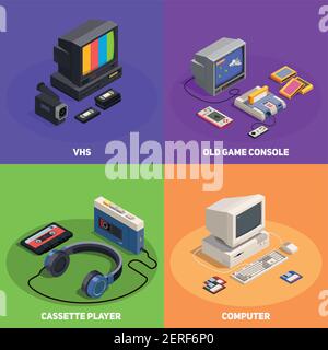 Bunte 2x2 isometrische Design-Konzept mit verschiedenen Retro-Gadgets wie Als Computerspielerkonsole vhs 3D isolierte Vektordarstellung Stock Vektor