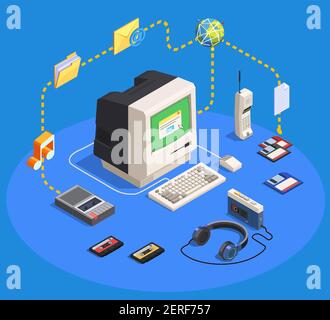 Retro-Geräte isometrische Zusammensetzung mit PC-Kamera-Player Telefon Recorder auf blauem Hintergrund 3D Vektorgrafik Stock Vektor