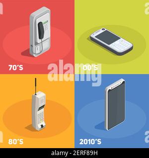 Retro-Geräte 2x2 Design-Konzept mit Telefonen aus verschiedenen Jahrzehnten Isoliert auf bunten Hintergrund 3D Vektor-Illustration Stock Vektor