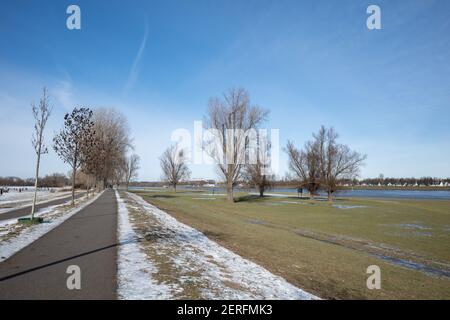 Im Freien sonnige Aussicht auf kleine Straße entlang der natürlichen Flussufer des Rheins bedeckt mit Schnee und Eis Teich in der Wintersaison in Düsseldorf, Deutschland. Stockfoto