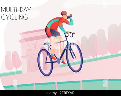 Sportler mit Wasserflasche in heller sportlicher Kleidung während der Multi Tag Radfahren auf Bogen Hintergrund Vektor-Illustration Stock Vektor