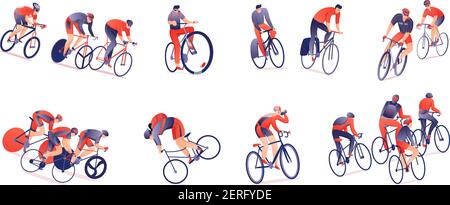 Radtour horizontale Reihe von Radfahrern mit Sportgeräten in Verschiedene Positionen isolierte Vektordarstellung Stock Vektor