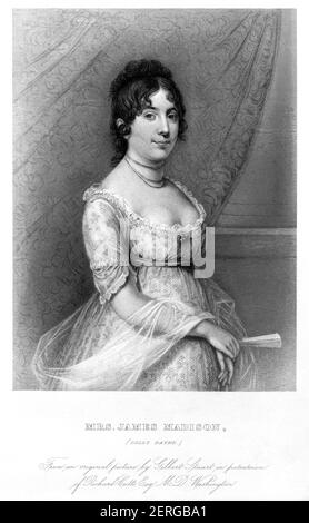 1809 Ca, USA : die amerikanische First Lady DOLLY Tod MADISON Payne ( Dolly - 1768 - 1849 ). Verheiratet im Jahr 1794 mit US-Präsident James Madison ( 1751 - 1936 ). Portrait gestochen von original Gemälde von Gilbert Stuart . - DOLLY - First Lady of the United States - POLITICO - POLITIKER - POLITIK - POLITIK - USA - ritratto - Portrait - MODE - MODA - OTTOCENTO - 800 's - '800 - Fan - ventaglio - neckopining - scollatura - decolleté - pizzo - Spitze --- Archivio GBB Stockfoto