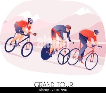 Sportler Männer im Sport tragen auf dem Fahrrad während der Radtour Auf Bergen Hintergrund Vektor-Illustration Stock Vektor