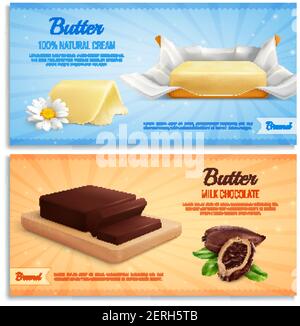 Butter realistische Banner als Mockup für Werbemarke produzieren Milch Schokolade und natürliche Sahne Butter Vektor-Illustration Stock Vektor