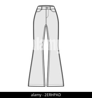 Jeans ausgestellter Boden Denim Hose technische Mode Illustration mit voller Länge, normale Taille, hoher Bund, 5 Taschen, Nieten. Flache Bekleidungsvorlage vorne, grau im Stil. Frauen, Männer Unisex CAD mockup Stock Vektor