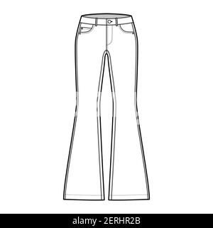 Jeans ausgestellter Boden Denim Hose technische Mode Illustration mit voller Länge, niedrige Taille, Bund, 5 Taschen, Nieten. Flatbottom Bekleidungsvorlage vorne, weiß Farbe Stil. Frauen, Männer Unisex CAD mockup Stock Vektor