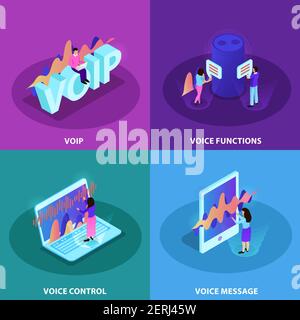Sprachsteuerung 2x2 Design-Konzept Satz von quadratischen Symbolen demonstrieren Moderne Geräte mit Funktionen der Spracherkennung und voip-Kommunikation Isometrisch Stock Vektor