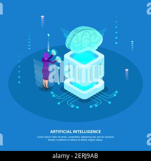 Künstliche Intelligenz Design-Konzept mit Super-Computer-Chip und digital Robotische Gehirn isometrische Glühen Symbole Vektor-Illustration Stock Vektor