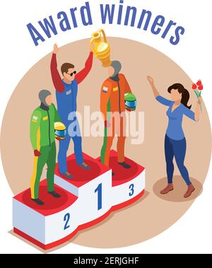 Rennsport-Konzept mit Award-Gewinner Symbole isometrische Vektor-Illustration Stock Vektor