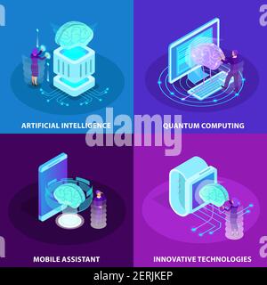 Künstliche Intelligenz 2x2 Design-Konzept Satz von innovativen Technologien Quantum Computer mobile Assistent isometrische Glühen Symbole Vektor-Illustration Stock Vektor